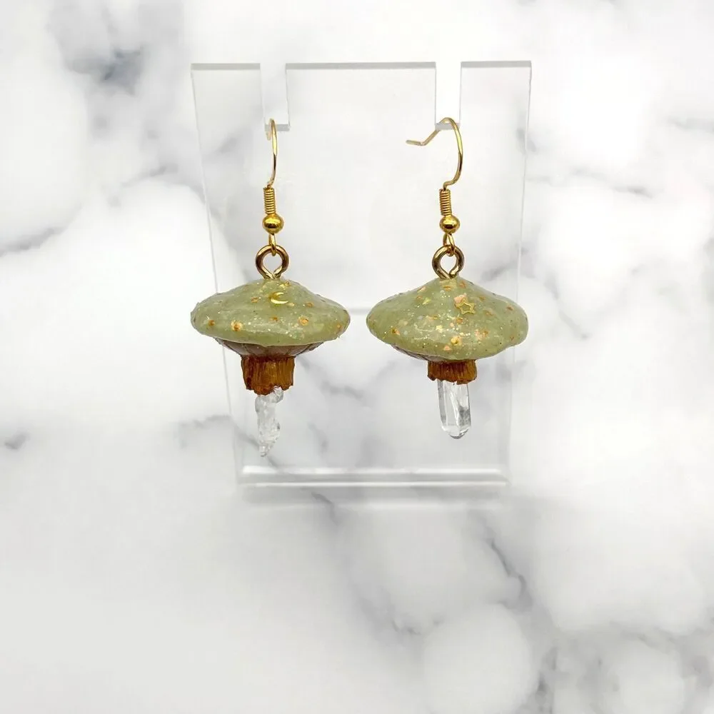 Green Mushroom Quartz Crystal Earrings | Polymer Clay Dangle with Moon and Star
